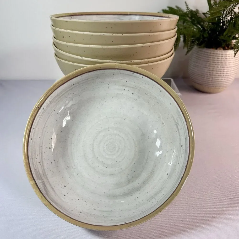 Food Network Set of 6 Melamine Dinner Cereal Bowls Beige with Brown Border